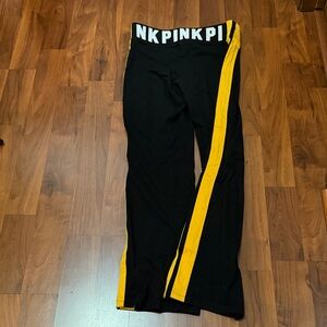 PINK Black Flared yoga Leggings with Yellow Side Stripes